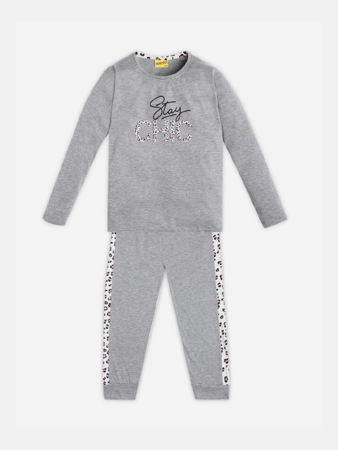 

Punkster Girls Grey Melange Printed Pure Cotton Night Suits