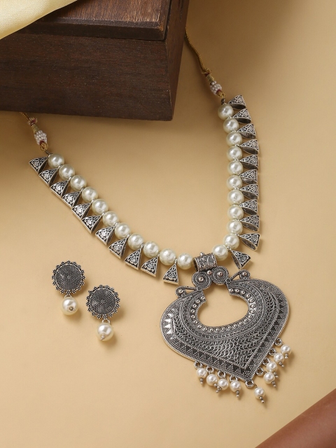 

VIRAASI Silver-Toned & White Oxidised Afghani Jewellery Set