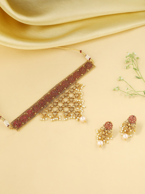

VIRAASI Gold-Plated Pink & White Stone-Studded & Pearl Beaded Jewellery Set