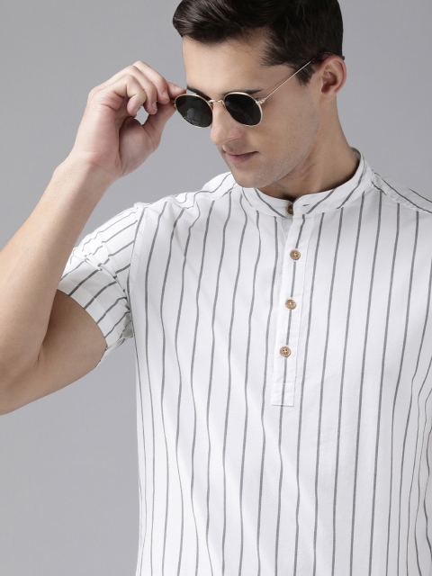 

BEAT LONDON by PEPE JEANS Men White & Blue Slim Fit Striped Pure Cotton Casual Shirt