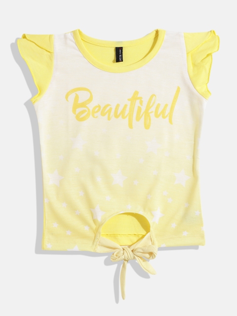 

GAME BEGINS Girls Yellow & White Ombre Dyed Conversational Print Cotton Waist Tie-Up Top