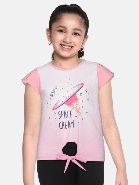 

GAME BEGINS Girls Pink & White Ombre Dyed & Graphic Print Cotton Waist Tie-Up Top