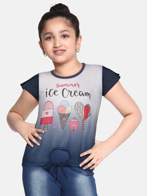 

GAME BEGINS Girls Navy Blue & White Ombre Dyed & Graphic Print Cotton Waist Tie-Up Top