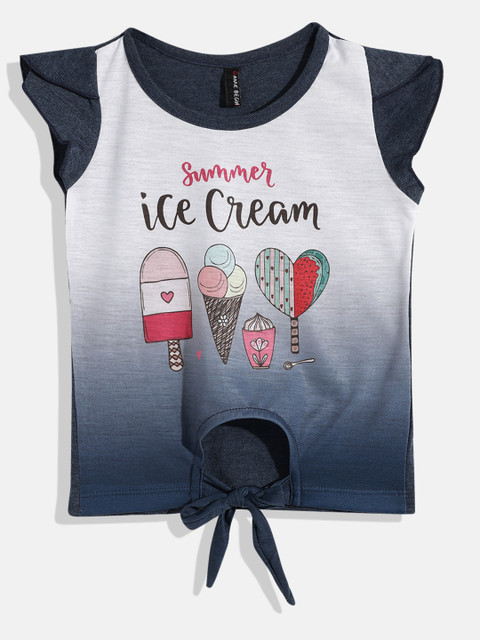 

GAME BEGINS Girls Navy Blue & Grey Graphic Cap Sleeves Print Top
