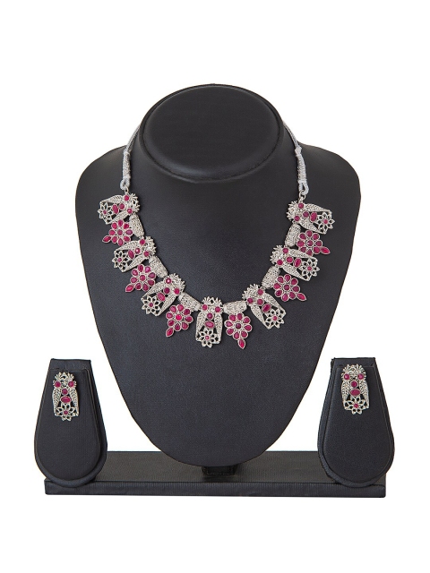 

Shining Jewel - By Shivansh Oxidised Silver-Plated Pink CZ Studded Jewellery Set