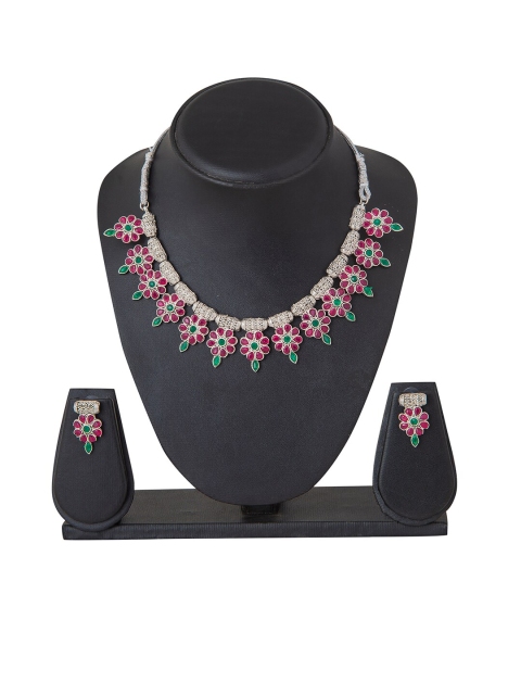 

Shining Jewel - By Shivansh Oxidised Silver-Plated Pink & Green CZ Studded Jewellery Set