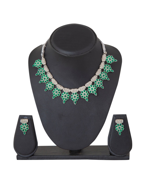 

Shining Jewel - By Shivansh Green Brass Silver-Plated Oxidised Jewellery Set