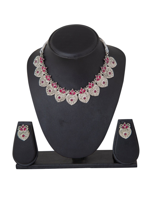 

Shining Jewel - By Shivansh Oxidised Silver-Plated Pink CZ Studded Jewellery Set