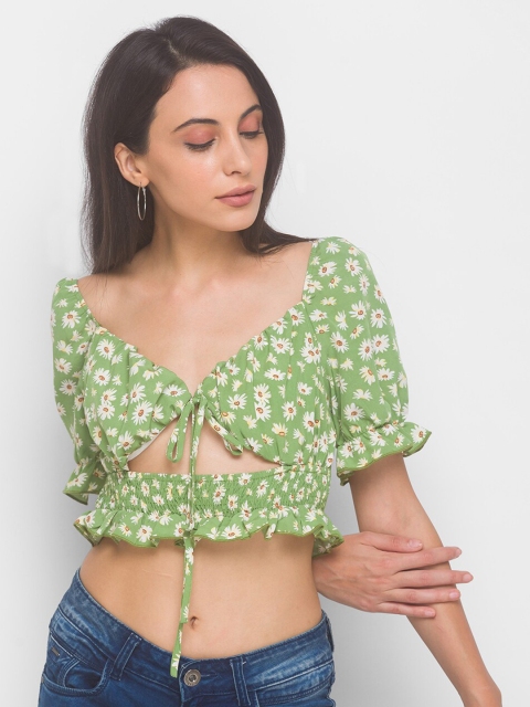 

LYKKEIN Women Green & White Floral Print Sweetheart Neck Blouson Crop Top