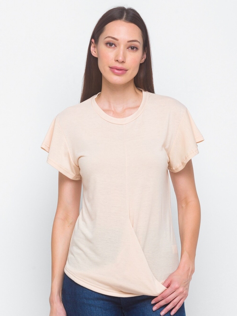 

LYKKEIN Women Cream-Coloured Solid Pure Cotton T-shirt