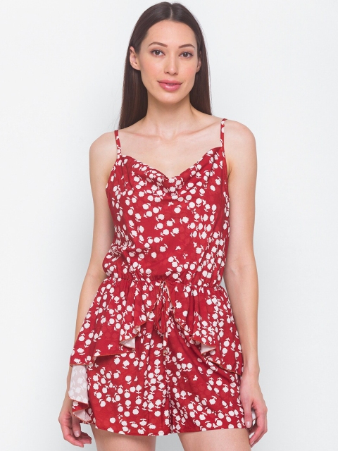 

LYKKEIN Women Maroon & White Printed Romper