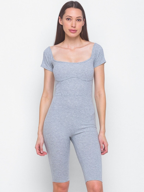 

LYKKEIN Women Grey Solid Scoop Neck Pure Cotton Rib-knit Romper