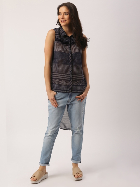 DressBerry Women Navy Blue Printed High-Low Casual Shirt available at myntra for Rs.359