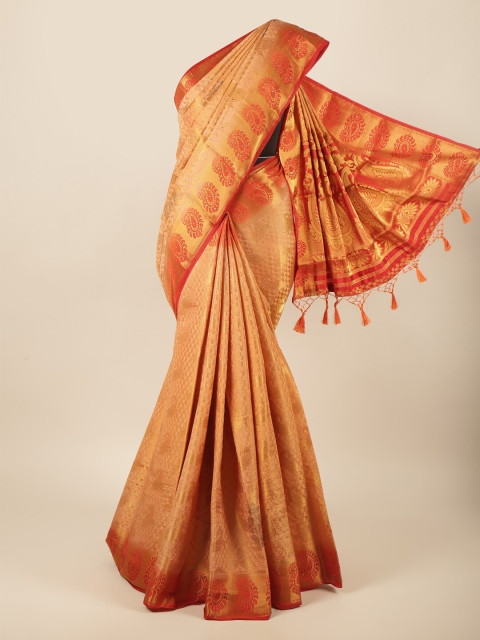 

Pothys Tan & Red Woven Design Beads and Stones Pure Silk Saree