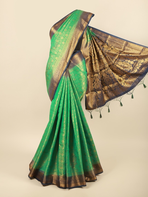 

Pothys Green & Navy Blue Ethnic Motifs Beads and Stones Pure Silk Saree