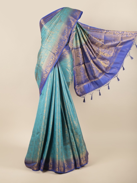 

Pothys Turquoise Blue & Gold-Toned Ethnic Motifs Zari Pure Silk Saree
