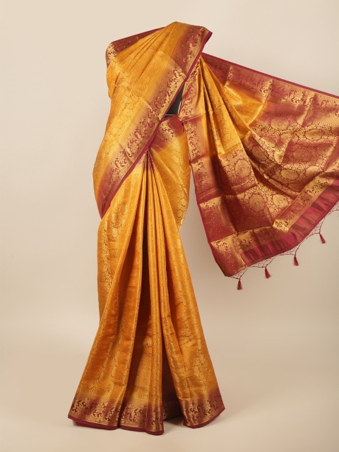 

Pothys Mustard & Maroon Floral Zari Pure Silk Saree