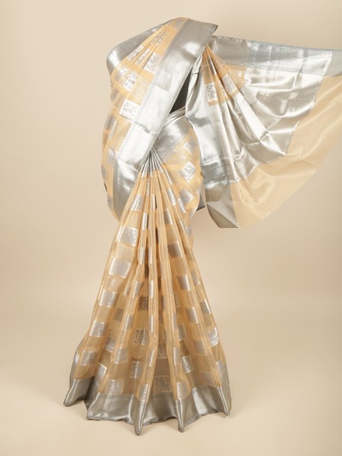 

Pothys Peach-Coloured & Silver-Toned Ethnic Motifs Zari Tissue Saree