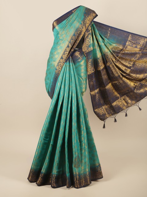 

Pothys Blue & Navy Blue Ethnic Motifs Beads and Stones Pure Silk Saree