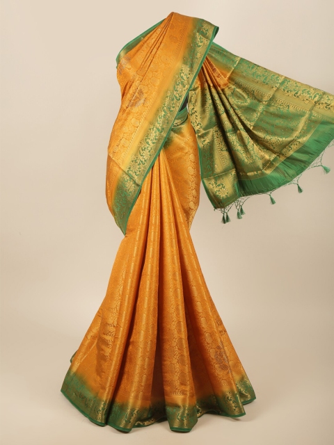 

Pothys Mustard & Green Floral Zari Pure Silk Saree