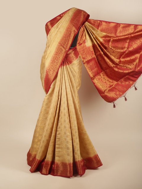 

Pothys Cream-Coloured & Red Ethnic Motifs Zari Pure Silk Saree