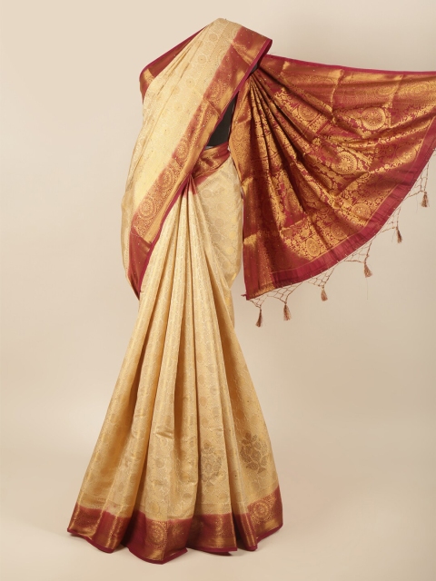 

Pothys Cream-Coloured & Maroon Ethnic Motifs Pure Silk Saree
