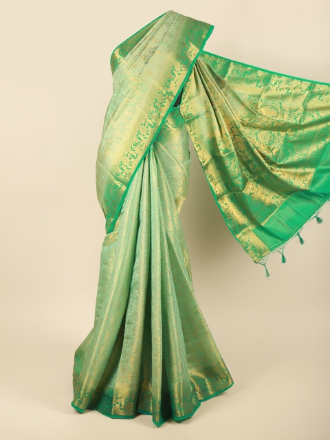 

Pothys Green & Gold-Toned Woven Design Beads and Stones Pure Silk Saree