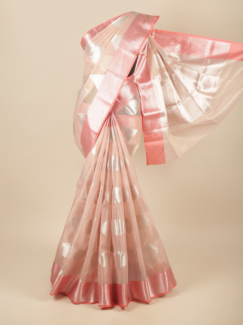 

Pothys Pink & Silver-Toned Ethnic Motifs Zari Tissue Saree