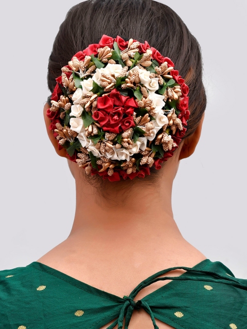 

Silvermerc Designs Women Red & White Embellished Flower Artificial Hair Bun Cover