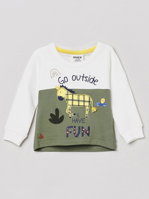 

max Boys White & Olive Green Printed Cotton Applique T-shirt