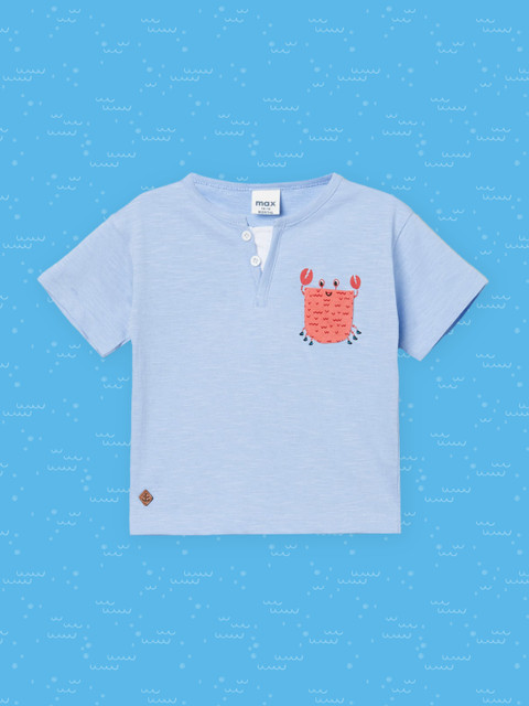 

max Boys Blue Typography Printed Henley Neck Pockets T-shirt