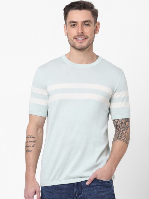 

Celio Men Blue & White Striped Colourblocked Pullover