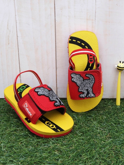 

DChica Boys Yellow Dinosaur Applique Open Toe Sliders
