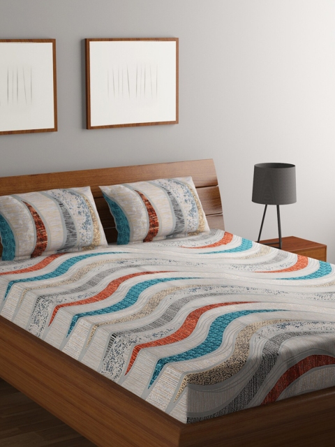 

RUGSMITH Grey & Blue Geometric 200 TC Queen Superfine Bedsheet with 2 Pillow Covers