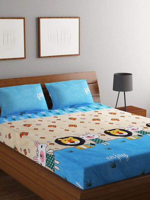 

RUGSMITH Teal & Beige Cartoon Characters 200 TC Queen Bedsheet with 2 Pillow Covers
