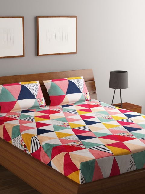 

RUGSMITH Blue & Magenta Geometric 200 TC Queen Bedsheet with 2 Pillow Covers