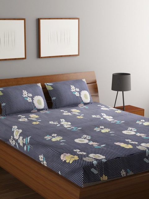 

RUGSMITH Navy Blue & White Floral 200 TC Queen Bedsheet with 2 Pillow Covers