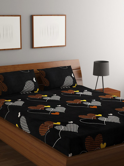 

RUGSMITH Brown & Black Graphic 200 TC Cotton 1 Queen Bedsheet with 2 Pillow Covers