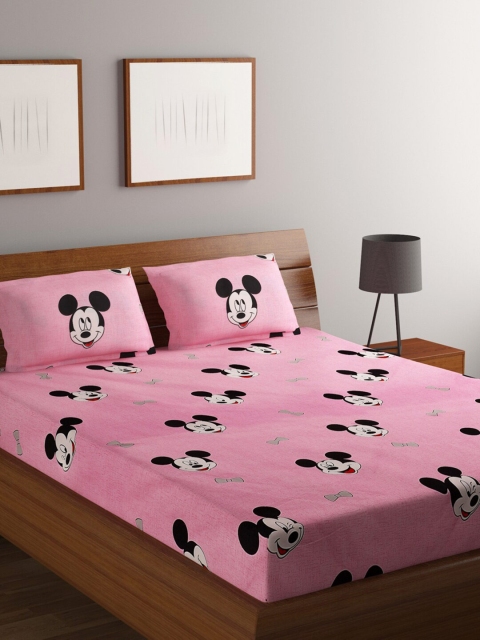 

RUGSMITH Pink & Black Mickey Mouse 200 TC Queen Bedsheet with 2 Pillow Covers