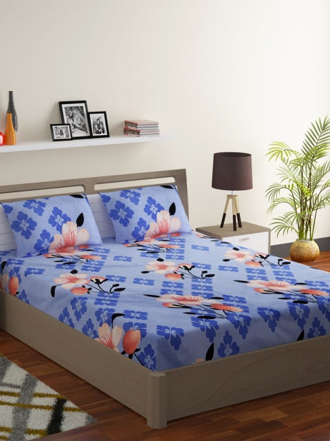 

RUGSMITH Blue Floral 200 TC Queen Bedsheet with 2 Pillow Covers