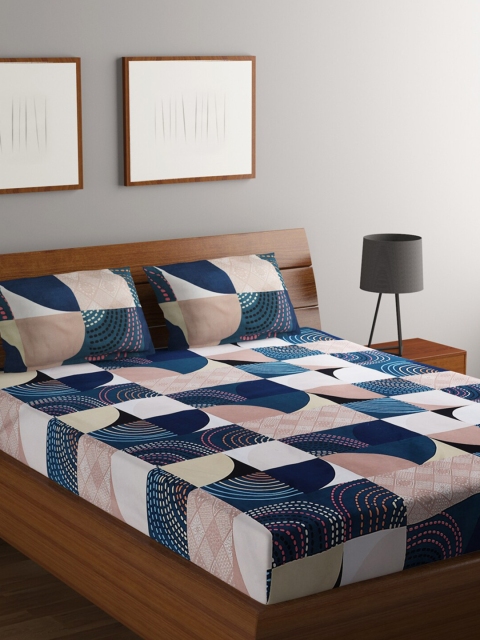 

RUGSMITH Navy Blue & Brown Geometric Printed 200 TC Bedsheet With 2 Pillow Covers