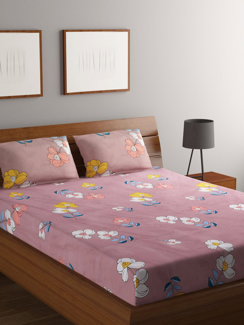 

RUGSMITH Purple Floral Printed 200 TC Cotton 1 Queen Bedsheet with 2 Pillow Covers