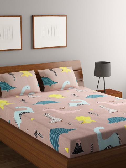 

RUGSMITH Peach-Coloured & Blue Graphic 200 TC Cotton Queen Bedsheet with 2 Pillow Covers