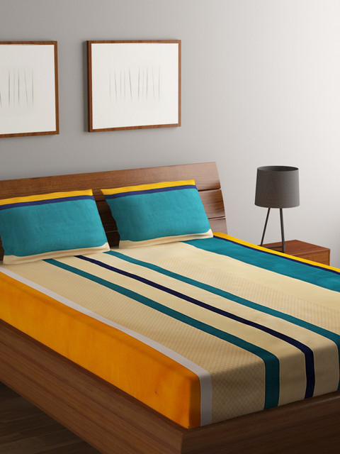 

RUGSMITH Multi-coloured 200 TC Queen Striped Bed Sheet with 2 Pillow Cover