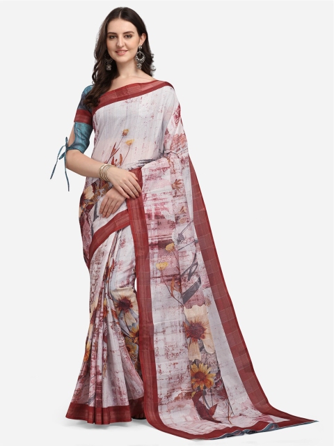 

KALINI White & Maroon Floral Zari Silk Blend Saree