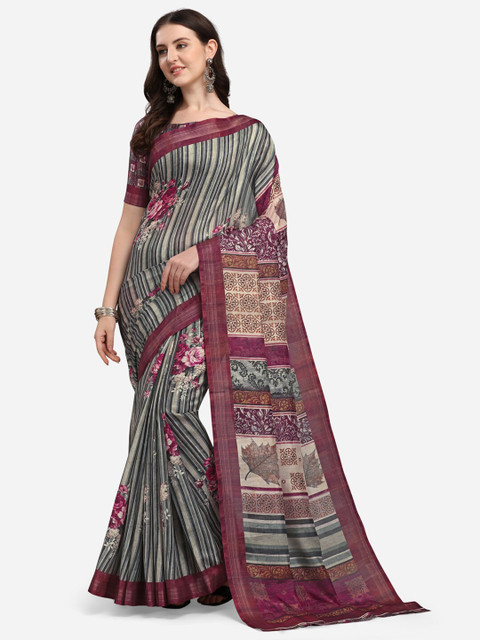 

KALINI Grey & Burgundy Floral Digital Print Simbha Zari Silk Blend Saree