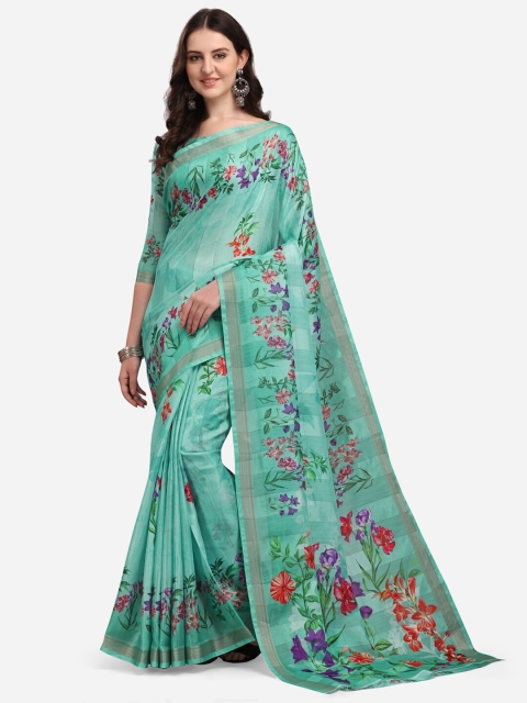 

KALINI Blue Floral Printed Silk Blend Saree