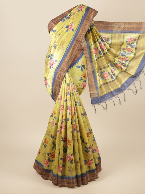 

Pothys Yellow & Blue Floral Printed Art Silk Saree