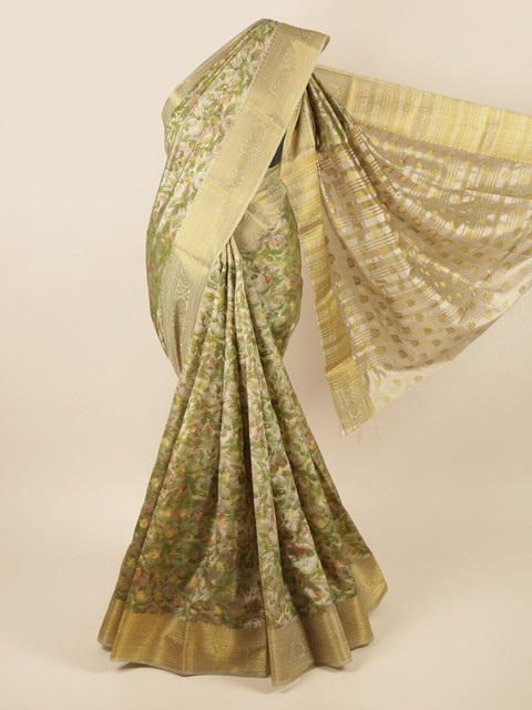 

Pothys Green & Brown Floral Zari Art Silk Saree