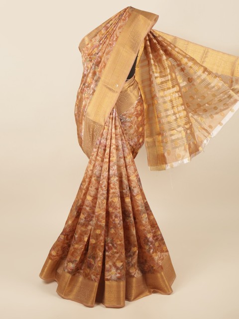 

Pothys Gold-Toned & White Floral Zari Art Silk Saree